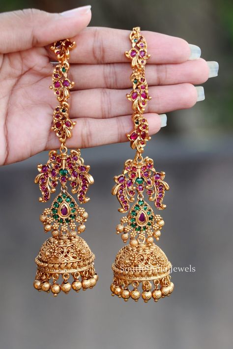 Peacock Ear Cuff Jhumka | Latest New Jewellery Wedding Jwellary, Jhumka Designs Gold, Dangler Design, Temple Jewellery Earrings, Jhumka Designs, Gold Earrings Indian, Wedding Jewelry Sets Bridal Jewellery, Temple Jewelry Necklace, Jewellery Bangles