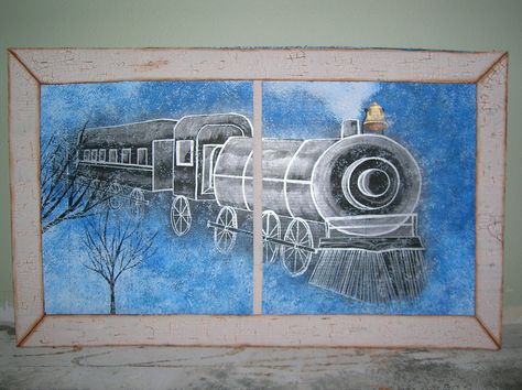 Polar Express I painted for a window display @ Mish Mash & Muddle! Polar Express Window Painting, Window Snow Spray, Train Artwork, Window Snow, Snow Spray, Christmas Hallway, Train Window, Polar Express Train, Christmas Paintings On Canvas