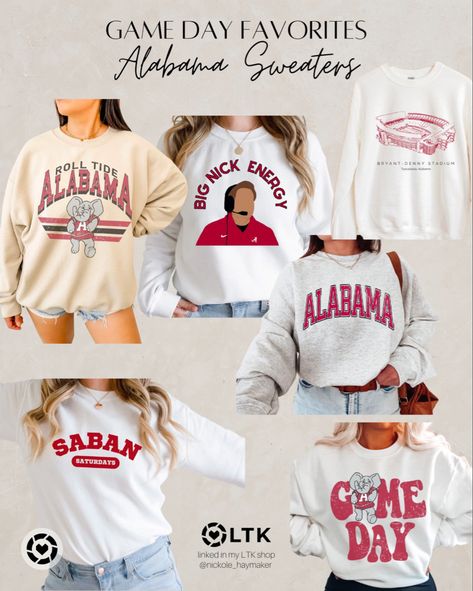 Alabama Football Outfits Sweaters College Gameday Roll Tide Bama Cheer, Alabama Gameday Outfit, Alabama Clothes, American Stuff, Autumn Things, Big Nick Energy, Football Outfit, Football Sweater, Alabama Football