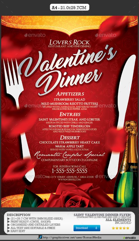 Please remember to Rate Purchased Items. Your support is greatly appreciated, Thanks. Valentine¡¯s Day Dinner Menu Template The canvas is set up at 2480x3508 pixels (21x29.7 cm with 3 mm bleed area)Contains two (2) PSD files that are well organized and highly detailed for easy use. Print Ready (CMYK, 300DPI) Web Ready (RGB, 300DPI) Organised and D Valentines Steak, Holiday Ads, Valentine Dinner Party, Valentine Cocktails, Restaurant Promotions, Steak And Lobster, Valentine's Dinner, Dinner Party Menu, Valentine Dinner