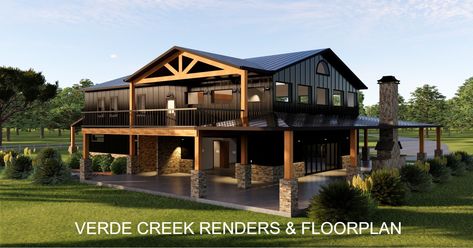 Verde Creek Barndominium Renders & Floorplan. Located in Kerrville, TX. #patiolife #designbuild #barndominium #modernfarmhouse #steelframe #outdoorliving #barnhaus Barndominium With Balcony, 2nd Floor Balcony, Barndominium Ideas, Country House Decor, Barndominium, 2nd Floor, House Decor, Country House, Balcony