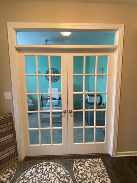 Added a transom and French doors to office space. French Door Partition Wall, Adding Doors To Open Office, French Doors To Office, Home Office With French Doors, French Doors With Transom, Office With French Doors, Interior Double French Doors, Wide Doors, Home Office Doors