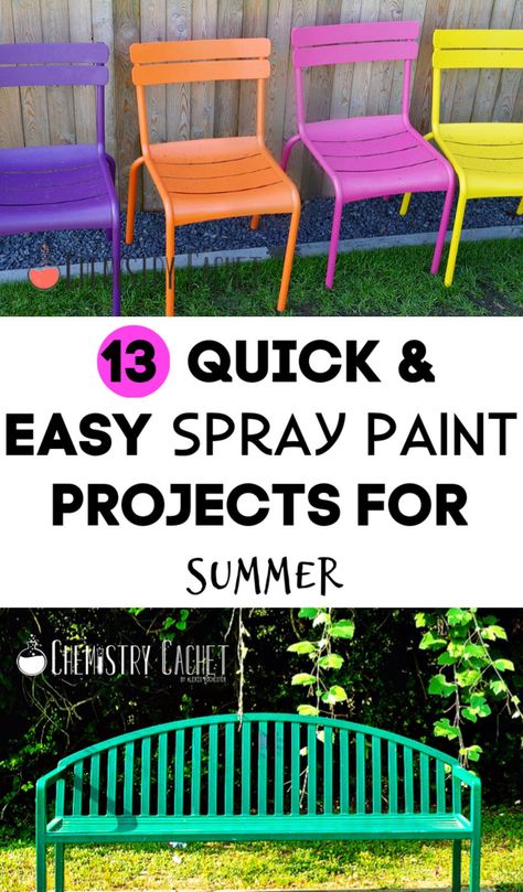 Try one of these quick and easy spray paint projects, perfect for summer! So many things like outdoor games, updating lawn furniture, even making your broom look fun. Enjoy these projects on Chemistry Cachet #spraypaint #outdoor Painted Benches Outdoor, Recycled Garden Edging, Painting Metal Outdoor Furniture, Spray Paint Projects, Painted Benches, Benches Outdoor, Summer Tips, Painted Coffee Mugs, Metal Outdoor Furniture