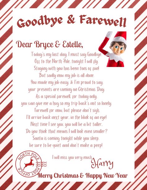 Goodbye Letter Elf On The Shelf Ideas, Goodbye Message From Elf On The Shelf, Goodbye Letters From Elf, Elf Goodbye Forever Letter, Elf On The Shelf Saying Goodbye Ideas, Elf Goodbye Letter For Older Kids, Elf Bye Letter, Elf On The Shelf Last Night Letter, Elf On The Shelf Retirement Letter