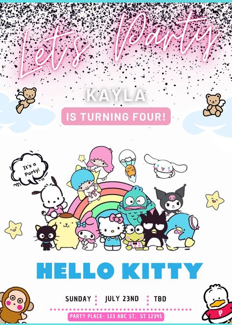 Sanrio Invitation, Kitty Invite, Hello Kitty Invitation Card, Hello Kitty Invitations, Invite Design, Kawaii Kitty, Bunny Birthday, Party Places, Friends Birthday