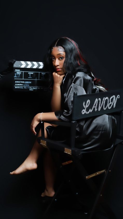 Actor Chair Photoshoot, Lights Camera Action Theme Photoshoot, Movie Chair Photoshoot, Studio Chair Photoshoot, Hollywood Party Ideas, Ceo Photoshoot, 30th Birthday Party Women, 21st Photoshoot, Hollywood Photoshoot