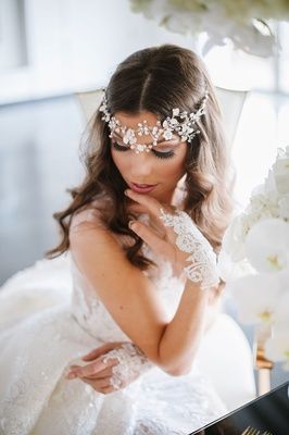 Lily V events - Inside Weddings Wedding Halo Headpiece, Wedding Hair Flower Crown, Inside Weddings, Bridal Hairdo, Flower Crown Hairstyle, Crystal Hair Vine, Boho Wedding Hair, Wedding Inside, Wedding Hair Down