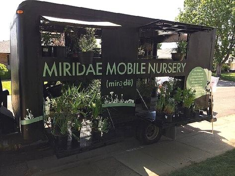 THE ICE CREAM TRUCK OF NURSERIES - This is a modified box truck available for on-site visits to help people engage with their gardens safely in self-isolation. We have an assortment of native plants and veggie starts for sale as well as some of our favorite tools and supplies and hand-crafted pottery for you to create and irrigate your new garden. If interested in having Miridae Mobile Nursery come to your neighborhood, sign up to be a neighborhood host and recruit  your neighbors to come. Plant Truck Ideas, Open A Plant Shop, Mobile Plant Truck, Mobile Plant Shop Trailer, Plant Truck Business, Opening A Plant Shop, Plant Nursery Ideas, Mobile Plant Shop, Plant Nursery Business