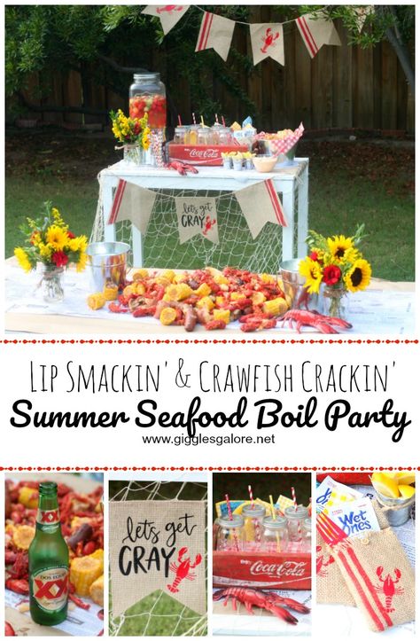 Summer Seafood Boil Party Seafood Boil Outfit, Seafood Boil Party Decorations, Crawfish Boil Party Decorations, Country Boil Party, Shrimp Boil Party, Low Country Boil Party, Crab Boil Party, Seafood Broil, Appetizers Seafood