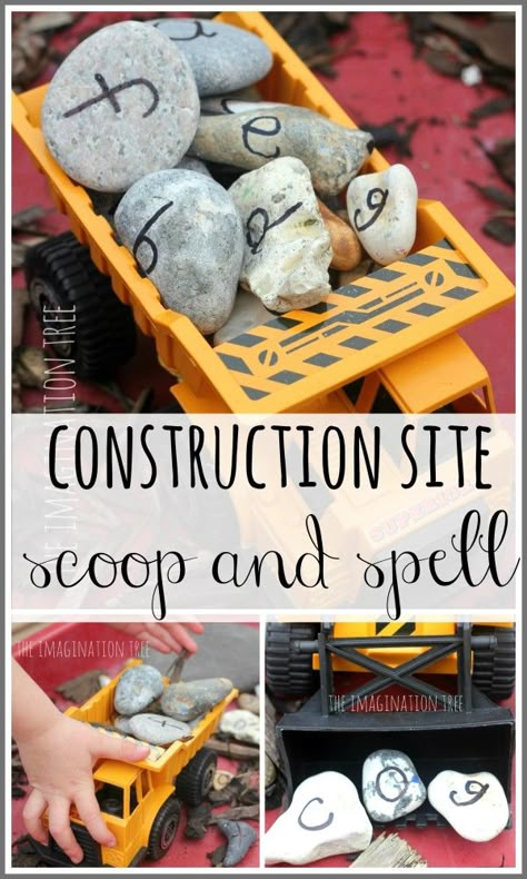 Such a fun way to learn letter sounds and build small words through play! Journeys Eyfs, Alphabet Rocks, Whitney Young, Preschool Construction, Word Ideas, Imagination Tree, Transportation Preschool, Block Area, Literacy Games