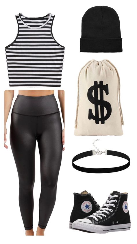 Prisoner / Robber Halloween Outfit Inspo Jailbreak Theme Outfit, Prison Outfit Women, Prison Aesthetic, Robber Outfit, Robber Halloween Costume, Inmate Costume, Prison Outfit, Prisoner Costume, Halloween 23