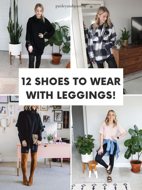 Leggings With Shoes Outfit Ideas, Leggings With Tall Socks, How To Dress Leggings Outfits, Shoe With Leggings, Shoes To Wear With Jegging, Dressy Leggings Outfit Summer, Legging Work Outfit Fall, Black Leggings Outfit Fall 2022, Shoes With All Black Outfit