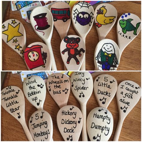 Nursery Rhyme Spoons #eyfs #nurseryrhymes #homemade Nursery Rhymes Preschool, Nursery Rhymes Activities, Circle Time Activities, Preschool Circle Time, Hallowen Ideas, Rhyming Activities, Eyfs Activities, Nursery Activities, Preschool Music