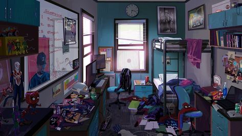 Into The Spiderverse Expectations, Into The Spiderverse Environment, Spider Verse Environment, Miles Room Spiderverse, Spider Verse Room, Into The Spiderverse Shots, Spiderverse Environment Concept Art, Into The Spiderverse Style Art, Spiderverse Art Study