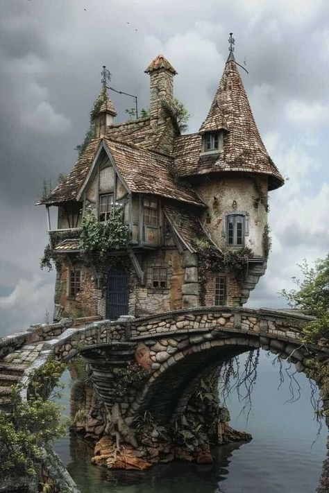 Old House Reference, Old Abandoned Castles, Fantasy Cottage Exterior, Fairytale House Exterior, Witch Mansion, Witch Houses, Cool Buildings, Tiny Glade, Fairytale Houses