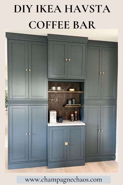 The IKEA cabinetry wall and coffee nook is finally complete, and our countertops finally cleaned off! I can’t even describe how good it feels to have a place to hide all the stuff. Click over to the blog to see the step-by-step process of how I turned the Ikea Havsta cabinets into this built-in coffee bar! Dark Grey Pantry Cabinets, Bright Moody Kitchen, Diy Coffee Nook, Ikea Havsta, Home Coffee Bar Ideas, Built In Coffee Bar, Cafe At Home, Ikea Pantry, Kitchen Mudroom