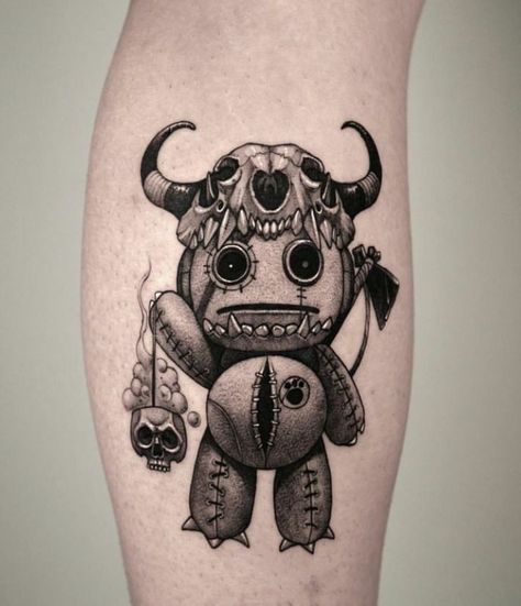 Voodoo Tattoo Warrington Cartoon Style Tattoos, Monster Tattoo Ideas, Doll Tattoo Ideas, Creepy Tattoo Designs, Horror Tattoo Design, Voodoo Doll Tattoo, Forearm Cover Up Tattoos, Voodoo Tattoo, Tattoos Cool