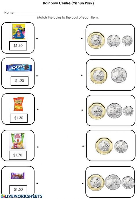 Singapore pricetag matching 1 worksheet Singapore Money, Counting Money Activities, Counting Money Worksheets, Money Math Worksheets, Money Word Problems, Fun Worksheets For Kids, Special Education Math, Teaching Money, Money Activities