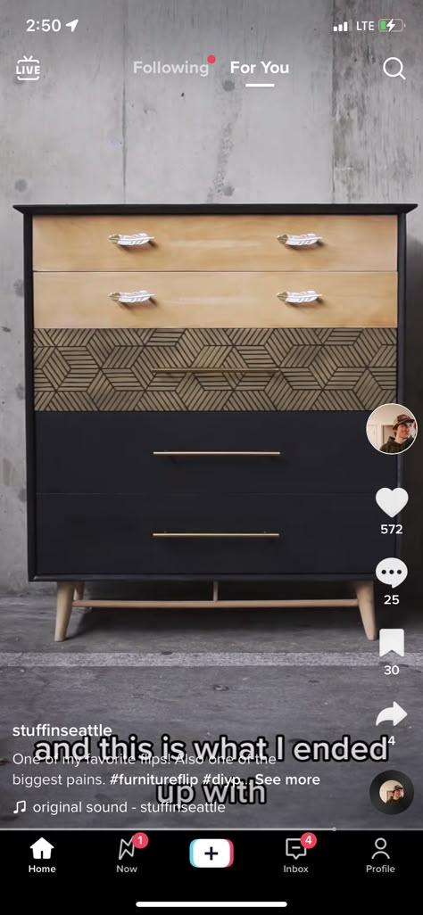 Revamping Old Furniture, Mcm Chest Of Drawers Makeover, Geometric Dresser Diy, Repurposed Dresser Mid Century, Midcentury Dresser Flip, Mid Century Dresser Makeover, Mcm Dresser Makeover, Upcycled Dressers, Redone Mid Century Dresser