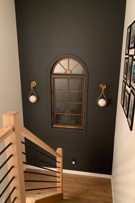 Staircase with black wall Cracked Peppercorn Paint Color, Behr Peppery Paint, Black Pepper Benjamin Moore, Cracker Pepper Behr Paint, Behr Dark Secret, Cracked Pepper Bathroom, Cracked Pepper Accent Wall, Cracked Pepper Behr Paint Accent Wall, Accent Wall On Staircase