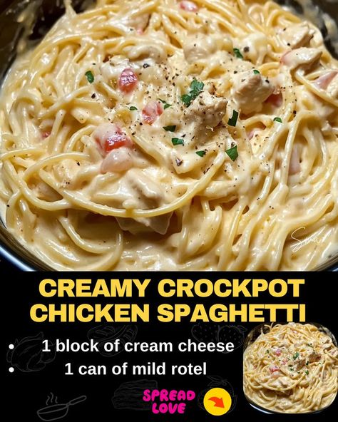 Creamy crockpot chicken spaghetti. Mushroom Chicken Crockpot, Crockpot Chicken Spaghetti Recipe, Creamy Chicken Spaghetti Recipe, Chicken Spaghetti Recipe Crockpot, Best Chicken Spaghetti Recipe, Can Soup Recipe, Crockpot Rotisserie Chicken, Beef Tips And Noodles, Crockpot Chicken Spaghetti