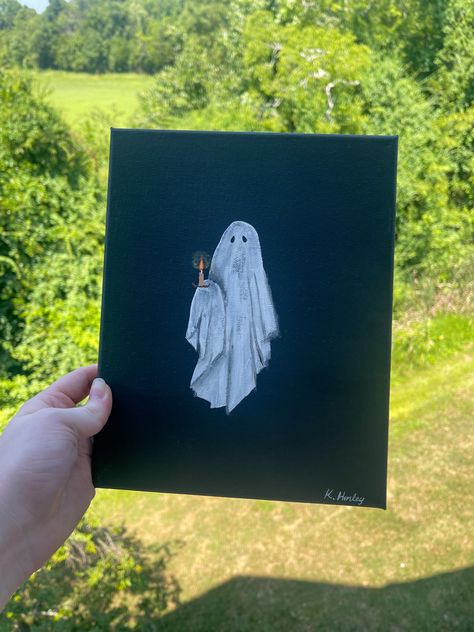 Halloween Ghost Painting, Small Canvas Ideas, Holding Object, Scary Aesthetic, Adult Arts And Crafts, Object Painting, Halloween Canvas Paintings, Sketches Watercolor, Halloween Canvas Art