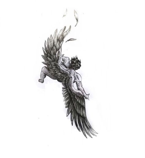 Greek Mythology Tattoos Icarus, Falling Lucifer Tattoo, Fallen Icarus Tattoo, Icuris Falling Art, Fallen Angel Tattoo Men, Beginner Tattoos Ideas Men, Fall Of Icarus Tattoo Design, Lucifer Wings Tattoo, Icuris Falling Tattoo Design