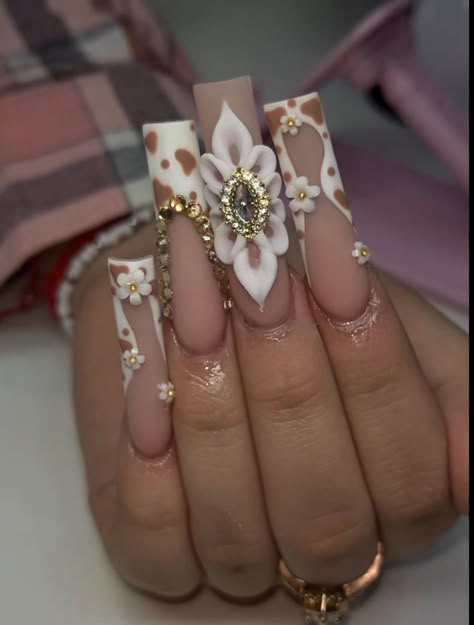 Coquet Nails, Ranchero Nails, Acrylic Nails With Virgin Mary, Junior H Nails Ideas, Large Rhinestone Nails, Latina Nail Inspo Long, Nail Inspo Virgencita, White Mexican Nails, Mariachi Nails