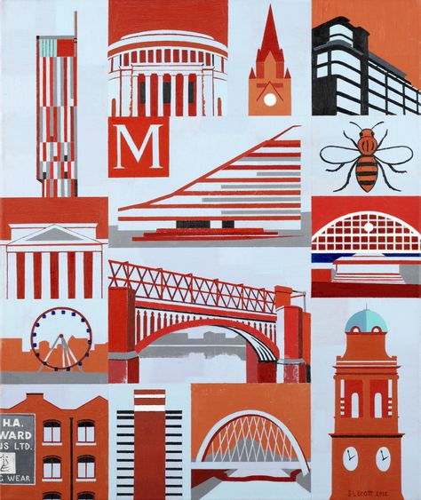 Manchester based art by S L Scott Montage Ideas, Manchester Landmarks, Bolton England, Narrow House Designs, Peter Saville, Granite City, Manchester Art, Culture Day, Narrow House