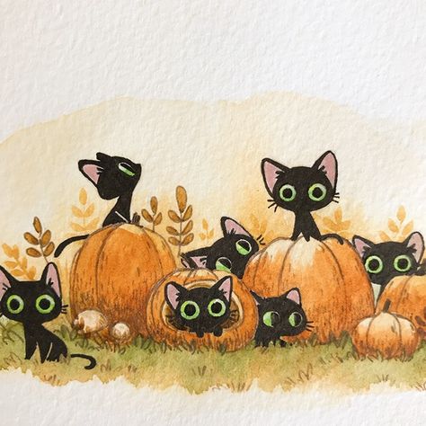 Cats And Pumpkins, Fall Drawings, Art Pumpkin, Image Halloween, 동화 삽화, Arte Indie, Halloween Illustration, Halloween Drawings, Painted Pumpkins