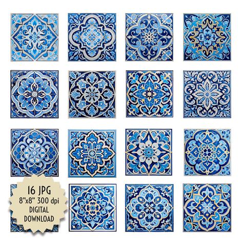 Blue Ceramic Tiles, Realistic and Elegant Design Mosaic Home Wall Decoration Beautiful Floral Pattern Evoking Arabic Style, Digital Download Blue Tile Art, Morroco Pattern, Islamic Tile Design, Moroccan Tiles Pattern Printable, Arab Tiles Pattern, Arabian Geometric Patterns, Azulejos Tiles, Mosaic Home, Blue Morracon Tile