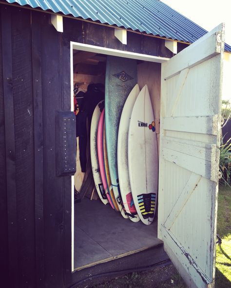 Recycled stable door and macrocarpa board and batten garden shed, finished with silicon bronze rose head nails. A great project with ample surfboard storage and bike storage. Surfboard Storage Outdoor, Surfboard Storage Apartment, Small Space Surfboard Storage, Beach Gear Storage, Outdoor Surfboard Storage Shed, Surf Shed, Surfboard Shed, Surf Storage, Cornwall Garden