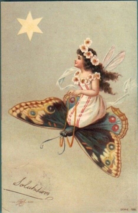 Sweet angel riding on a butterfly.. Fairy Illustration, Vintage Fairies, Fairy Magic, Images Vintage, Flower Fairies, Antique Postcard, Fairy Angel, Fairy Art, Magical Creatures