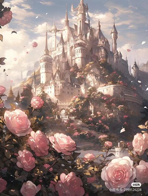 Pink Kingdom Fantasy Art, Flower Kingdom Fantasy Art, Flower Castle Fantasy Art, Pink Fantasy Aesthetic, Flower Castle, Anime Castle, Anime Kingdom, Medieval Aesthetic, Pink Castle