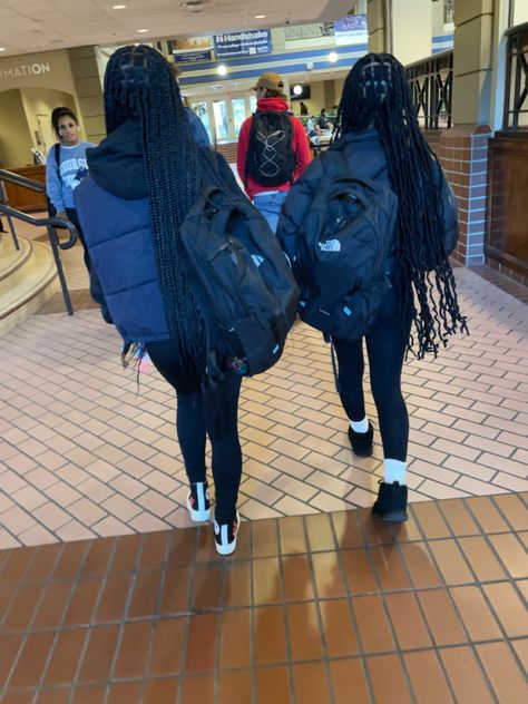 Bookbag college black girl jester northface faux locs ugg vest winter socks hoodie Northface Backpacks Outfit, North Face Backpack Outfit, North Face Hoodie Outfit, Hoodie And Vest Outfit, North Face Bookbag, Northface Jester, Northface Backpacks, Backpack Outfit, North Face Vest