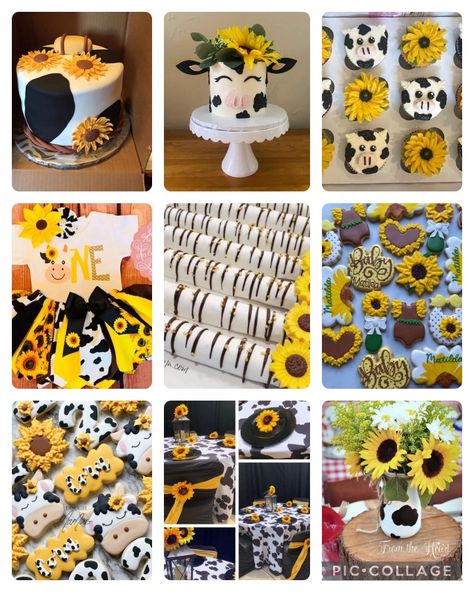 Sunflower Cow Birthday Party, Sweet 16 Party Ideas Cow Print, Cow Themed Charcuterie Board, Cow Print And Sunflower Wedding, Cow And Sunflower Birthday Theme, Sunflower Cowgirl Party, Cow Sunflower Party, Cow Print And Sunflowers Party, Sunflower And Cow Birthday Party