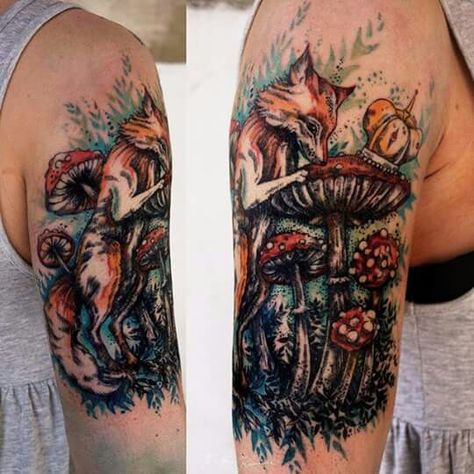 Awesome fox and mushroom tattoo Fox Sleeve Tattoo, Mushrooms Tattoo, Karolina Kubikowska, Moose Tattoo, Mother Nature Tattoos, Nature Tattoo Sleeve, Mushroom Tattoos, Sleeves Ideas, Leg Sleeves