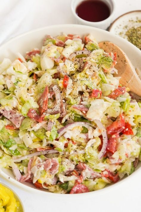 Italian Grinder Salad (Chopped Sub Salad) - Wellness by Kay Chipped Salad Recipes, Chopped Salad Italian, Chopped Italian Grinder Salad, Italian Antipasto Salad Recipes, Chopped Italian Sub Salad, Italian Grinder Chicken Salad, Chopped Grinder Salad, Grinder Salad Recipe, Shredded Lettuce Salad