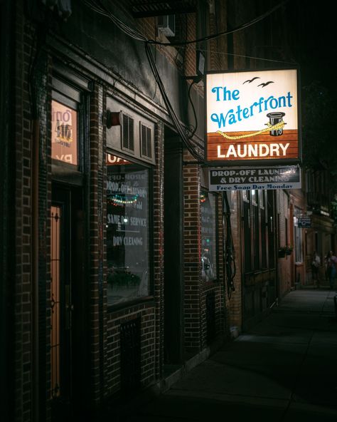 Waterfront Laundry and Dry Cleaner sign at night in the North End, Boston, Massachusetts North End Boston, Boston North End, Laundry Dry Cleaning, Night Scenes, Rail Transport, Hotel Motel, White Car, Posters Framed, Night Scene