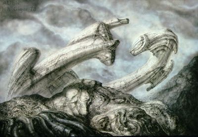 Alien Explorations: Prometheus: Hammer shaped Primordial engineer ships H R Giger Art, Hr Giger Alien, Horror Paintings, Giger Alien, Giger Art, H.r. Giger, Dark Horror, Alien 1979, Alien Ship