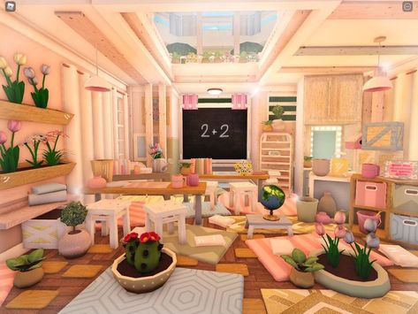 #roblox #robloxbuild #bloxburg #robloxgame Bloxburg Daycare Room Ideas, Bloxburg School Inspiration, Bloxburg Daycare Interior, Bloxburg Daycare Ideas Interior, Bloxburg Town Ideas Aesthetic, Daycare Ideas Bloxburg, Bloxburg School Interior, Bloxburg School Layouts, Daycare Aesthetic