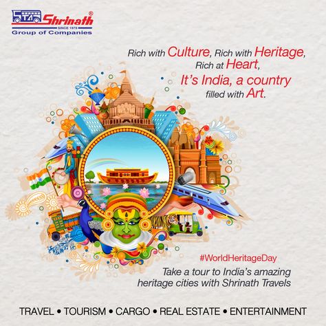 Heritage means LEGACY... Our Culture Our Heritage Our Pride Let's be more responsible towards our rich heritage and work towards preserving it! World Heritage Day! #shrinathgroupofcompanies #travel #tourism #TravelWithShrinath #WorldHeritageDay #UNESCO #HeritageDay #HeritageDay2023 #incredibleindia #indianheritage #culturalheritage #heritagecity #hertitagecityahmedabad #heritagesite India And Rich Heritage Drawing, Heritage Poster Design, World Heritage Day Creative Ads, Indian Tourism Poster, World Heritage Day Poster, Heritage Day Poster, Heritage Quotes, World Heritage Day, Heritage Paint