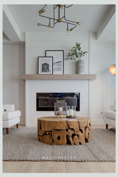 White Brick Fireplace With Wood Mantle And Shiplap, White Fireplace Shiplap, Beach House Mantle Decor, Fireplace Walls With Shiplap, Fireplace With Light Wood Floors, Shiplap Fireplace Decor Ideas, Electric Fireplace Wood Mantle, Natural Wood Shiplap Fireplace, White Fireplace Electric