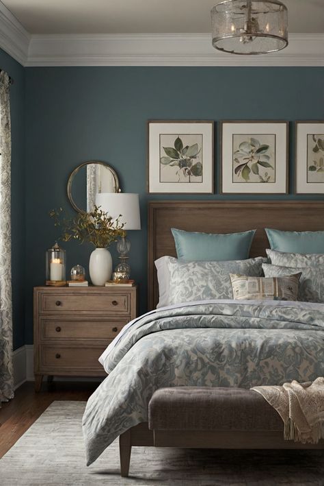 home decorating, home interior design, interior bedroom design, living room interior Master Bedrooms Decor Cozy Color, Diy Bedroom Hacks, Fall Bedroom Ideas, Blue Gray Bedroom, Bedroom Decoration Ideas, Ideal Bedroom, Bedroom Makeovers, Teal Bedroom, Cozy Fall Bedroom