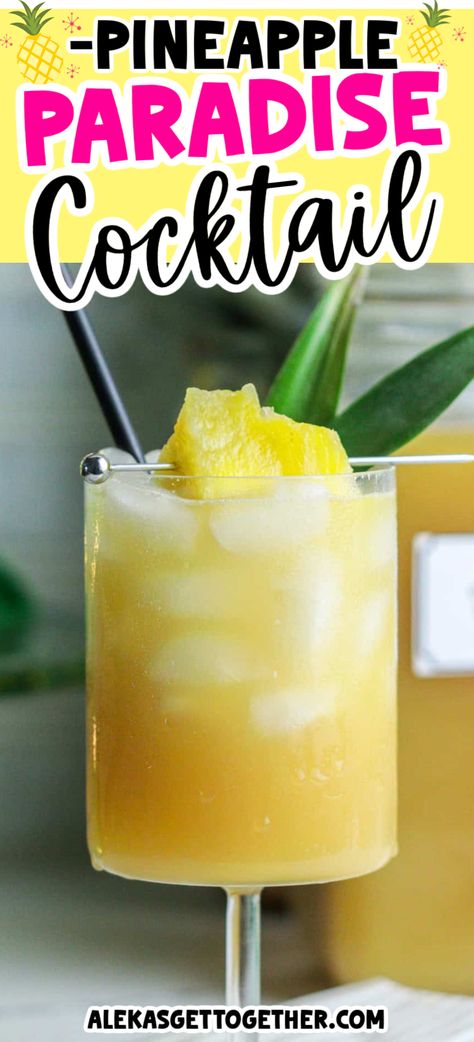 Make this yummy pineapple paradise cocktail for all of your summer entertainings! Pineapple Batch Cocktail, Pineapple Passion Cocktail, Pineapple Cocktail Drinks, Pineapple Drinks Alcohol, Pineapple Alcohol Drinks, Pineapple Juice Cocktails, Popular Summer Cocktails, Pineapple Cocktail Recipes, Pineapple Cocktails