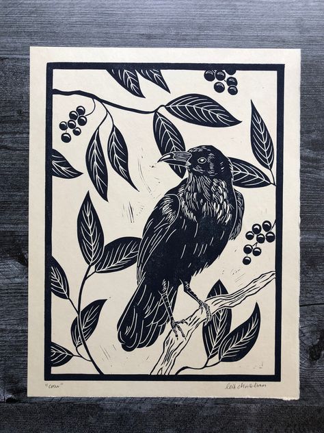 "Hand carved linocut print. This print is a crow in a tree, hand burnished in two different color options. The first option is a black crow, printed on 10.25x13.25\" Awagami Kitakata paper. The second option is a red crow, printed on 11x14\" white Strathmore printmaking paper. Both are printed using Caligo Safe Wash inks. Please specify color option in drop down menu. Because each print is handmade, each will be slightly varied, and no two will be exactly the same. Each print is titled and signe 2 Color Printmaking, Crow Block Print, Crow Lino Print, Lino Print Pattern Printmaking, Linocut Crow, Crow Linocut, Printmaking Woodcut, Crow Print, Crow Illustration