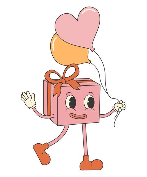 Retro groovy valentines day sticker. Cute and funny character gift box with balloons. 70s 60s cartoon aesthetics Gift Box With Balloons, Gift Cards Aesthetic, Box With Balloons, Cartoon Balloons, Balloon Character, Groovy Valentines, 60s Cartoons, Vector Nature, Doodles Drawings