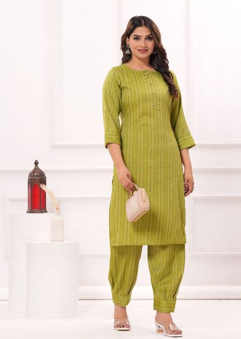 Elegant Rayon self-buti Kurti paired with stylish Afghani pants for a sophisticated ensemble. Afghani Pants, Tunic Kurti, Kurti Dress, Tunic Designs, Indian Designer, Fashion Costume, Pant Set, Indian Design, Fashion Help