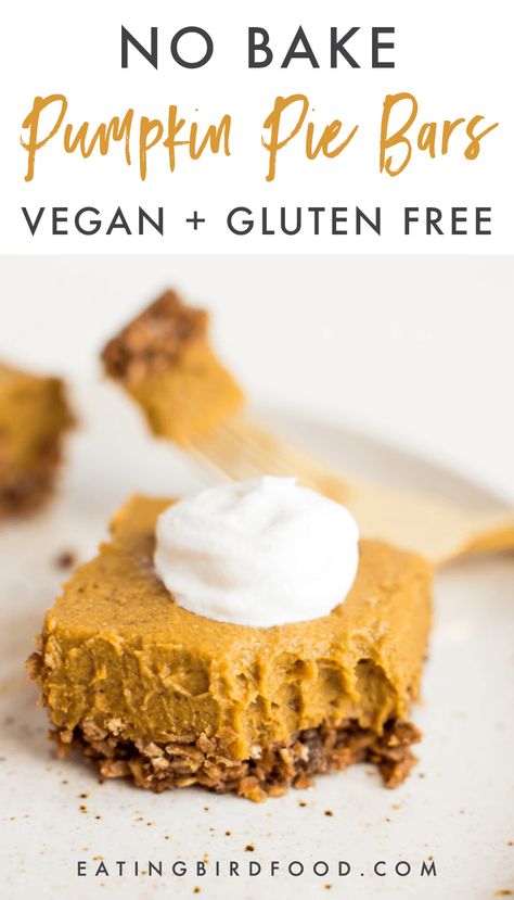 These decadent no bake pumpkin pie bars pair a crunchy granola crust with a creamy, thick pumpkin filling with coconut oil and cashew butter. Vegan & gluten-free. #vegan #glutenfree #pumpkinpie #thanksgiving #healthy Granola Crust, Thanksgiving Healthy, Chocolate Covered Banana Bites, Healthy Vegan Dessert, Pumpkin Filling, No Bake Pumpkin, Paleo Snack, Bake Pumpkin, No Bake Pumpkin Pie