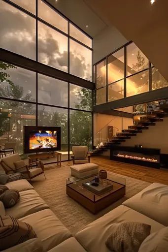 ↑↑↑ Larger size on website 🔸 The image shows a modern living room with large windows overlooking a lush, green forest. The room f 🔸 From Midjourney AI Image Big Window Home, Huge Windows House, Big Glass Windows Living Rooms, Large Windows House, Homes With Large Windows, Big House Windows, Big Window House, Living Room Big Windows, Living Room With Big Windows